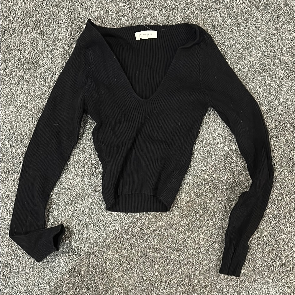 La Hearts Black Fitted Ribbed V-Neck Sweater
